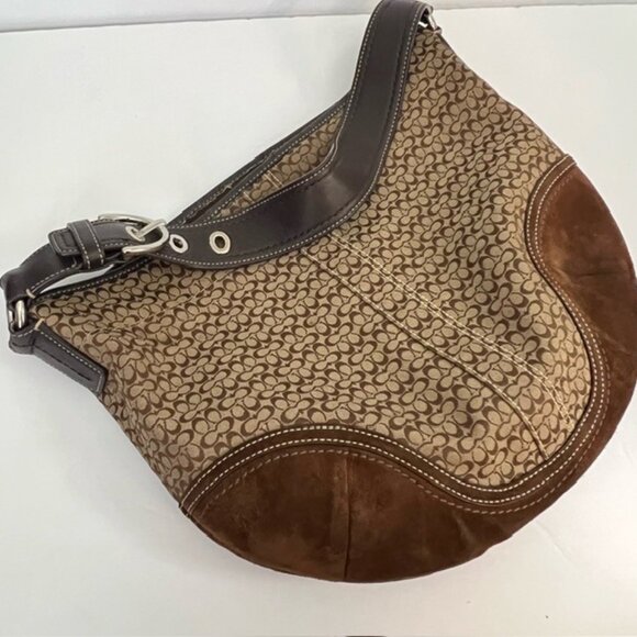 COACH SIGNATURE MONOGRAM BROWN HOBO CANVAS AND SUEDE SHOULDER BAG, VTG Y2K